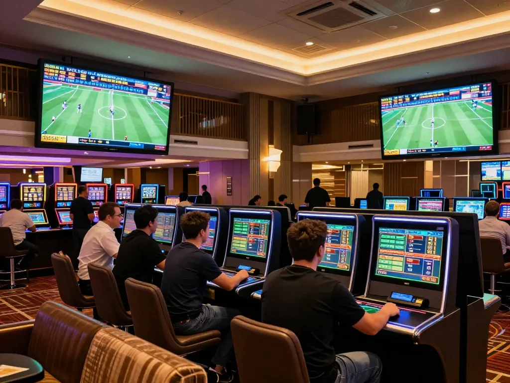 Witness the excitement of sports betting at https://da88at.com/ with engaged patrons placing bets in a vibrant casino setting.