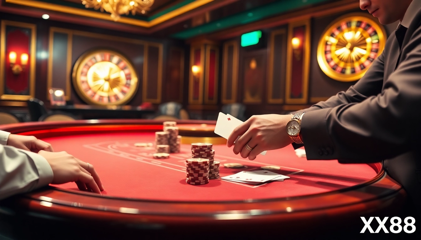 XX88 players strategize at a luxurious baccarat table in a vibrant casino setting.