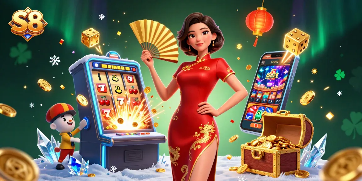 S8 promotes exciting wins with a captivating casino experience featuring slot machines, gold coins, and festive elements.