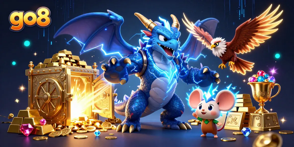 Engage with thrill at go8 featuring a thunder dragon and vibrant treasures in an electrifying casino scene.