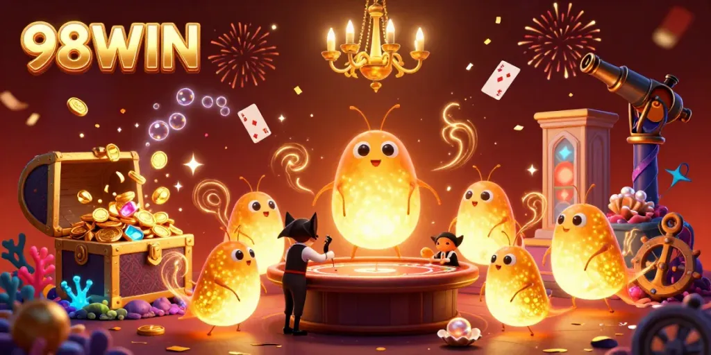 Experience the thrill of 98WIN as bioluminescent glowworms light up a vibrant casino scene, featuring dynamic elements and enchanting details.