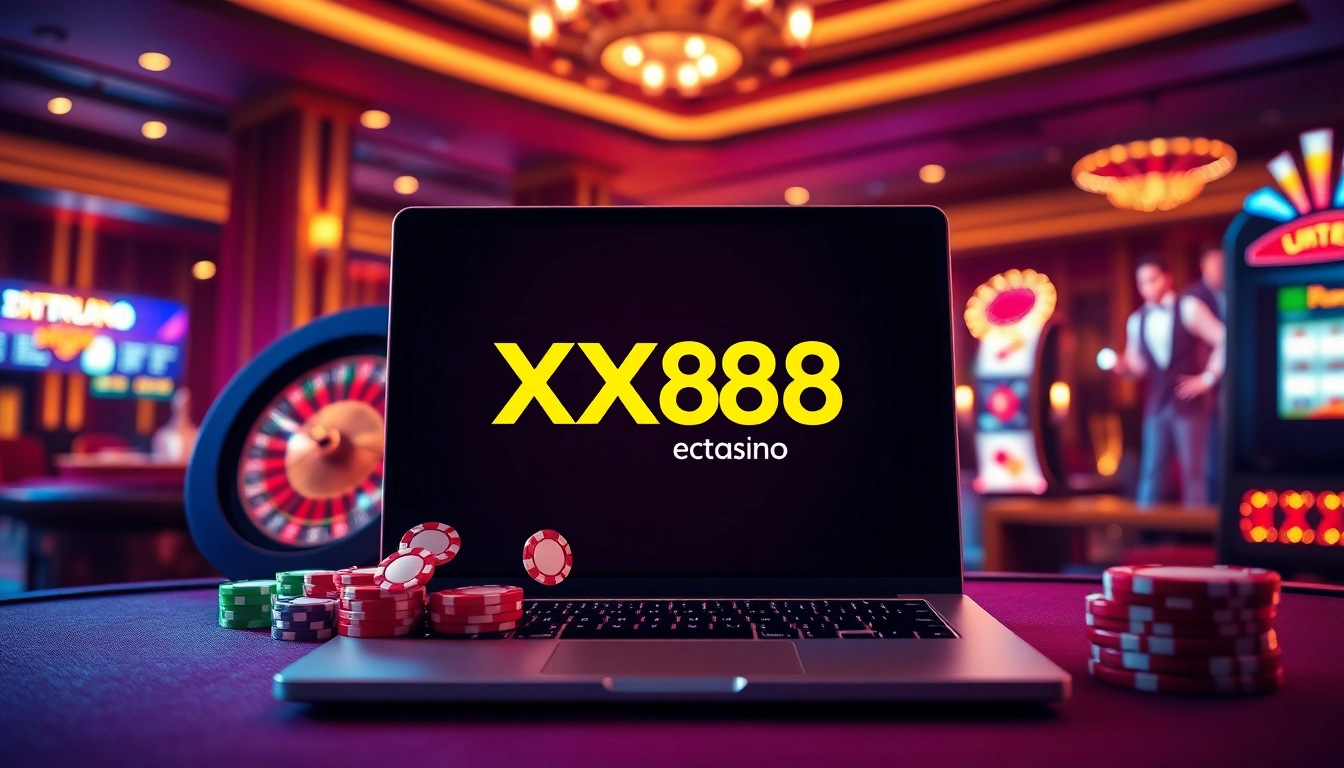Engage in thrilling online gambling at https://xx88.center/ with a dynamic casino scene featuring roulette and poker elements.