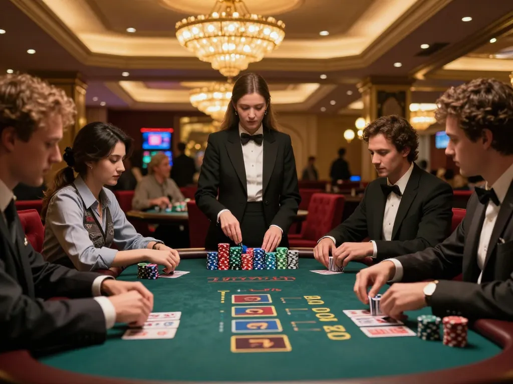 TR88 players strategizing at a blackjack table in an upscale casino environment.