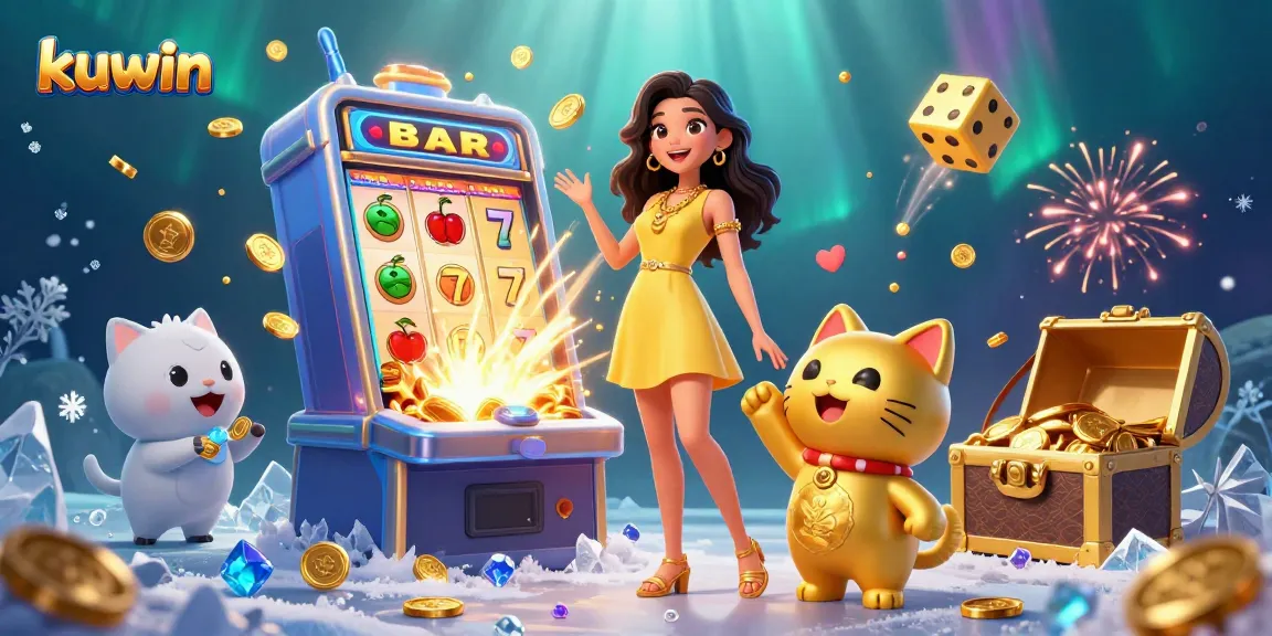 Kuwin offers exciting gameplay with a cheerful Asian woman and lucky cat surrounded by coins and slots.