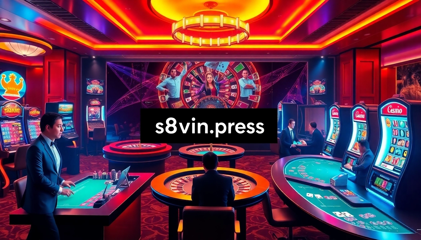 A vibrant online casino scene showcasing roulette, poker, and slot machines at s8vn.press.