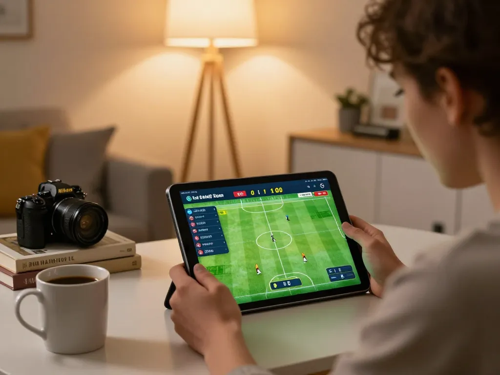 Engaging in บอล ออนไลน์ sports betting on a tablet in a cozy home setting