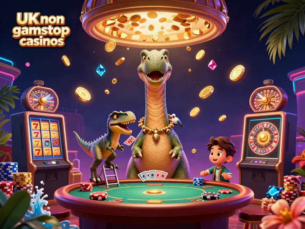 Engage with thrilling gameplay at UK non gamstop casinos featuring vibrant casino elements like a brontosaurus and raptor dealing cards.