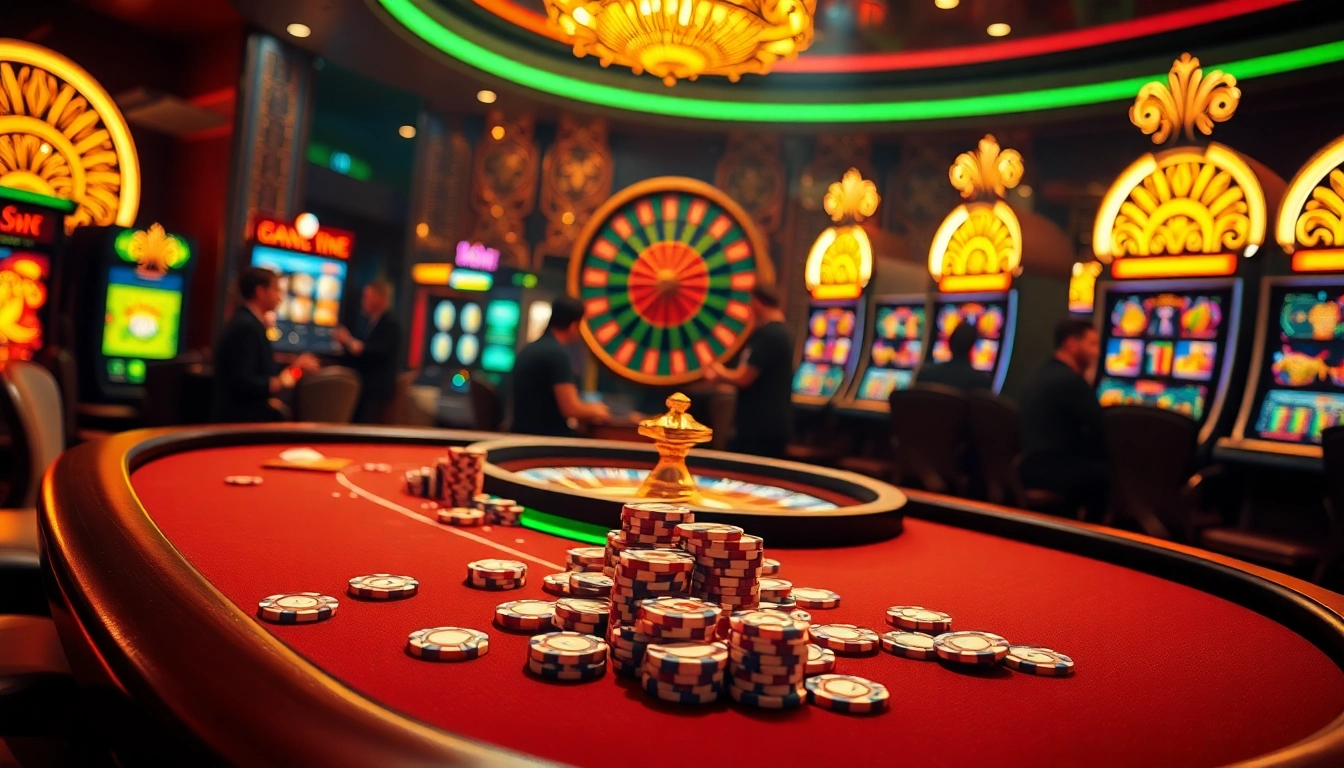 KJC gaming atmosphere with poker table, roulette wheel, and slot machines in vibrant colors