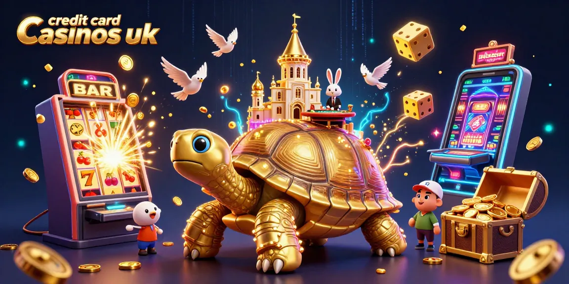 Engaging illustration of credit card casinos UK with vibrant golden tortoise, rabbit dealer at a casino table, and dynamic game elements.