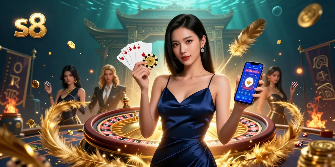 Engage with the thrilling gameplay at s8, showcasing a confident Asian woman holding a golden chip and smartphone.