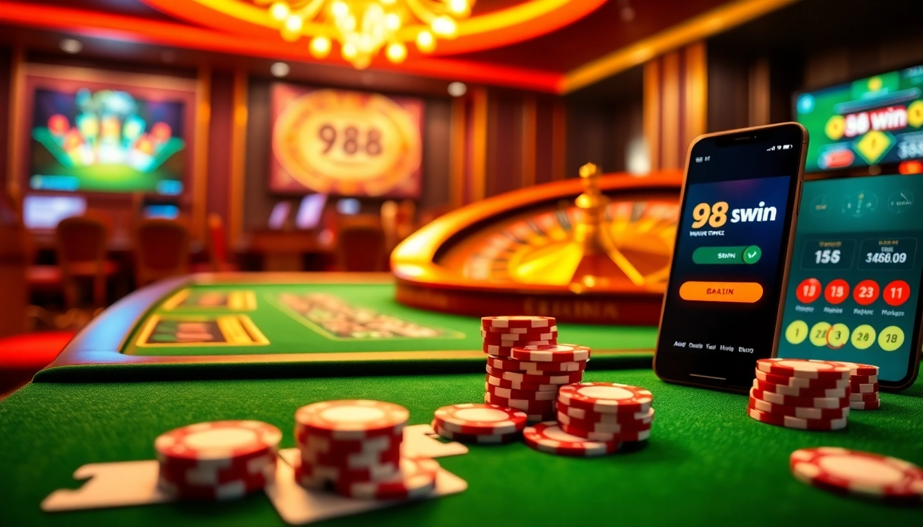 Catching the excitement of 98win as players engage at a luxury casino table with chips and cards.