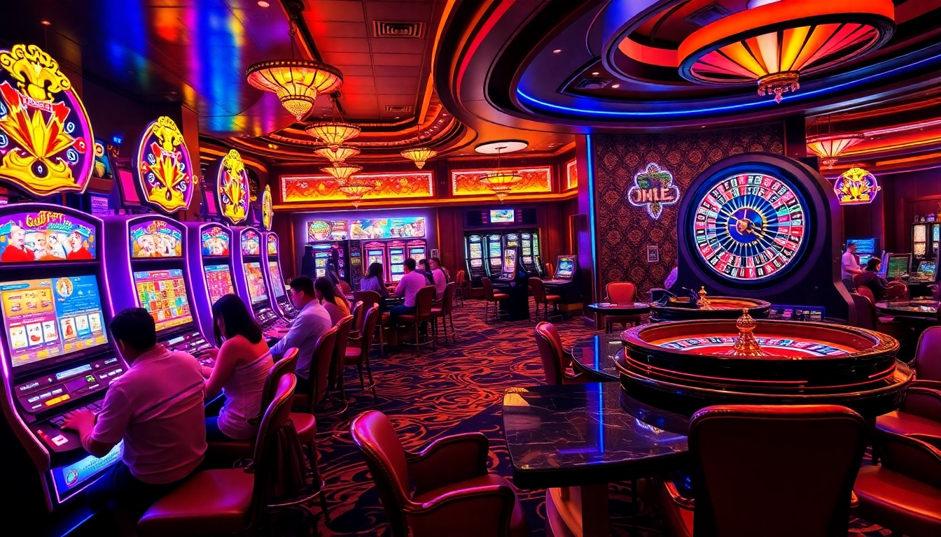 Players enjoying vibrant slot machines and roulette in a luxury casino atmosphere at https://ph22.net.ph/.