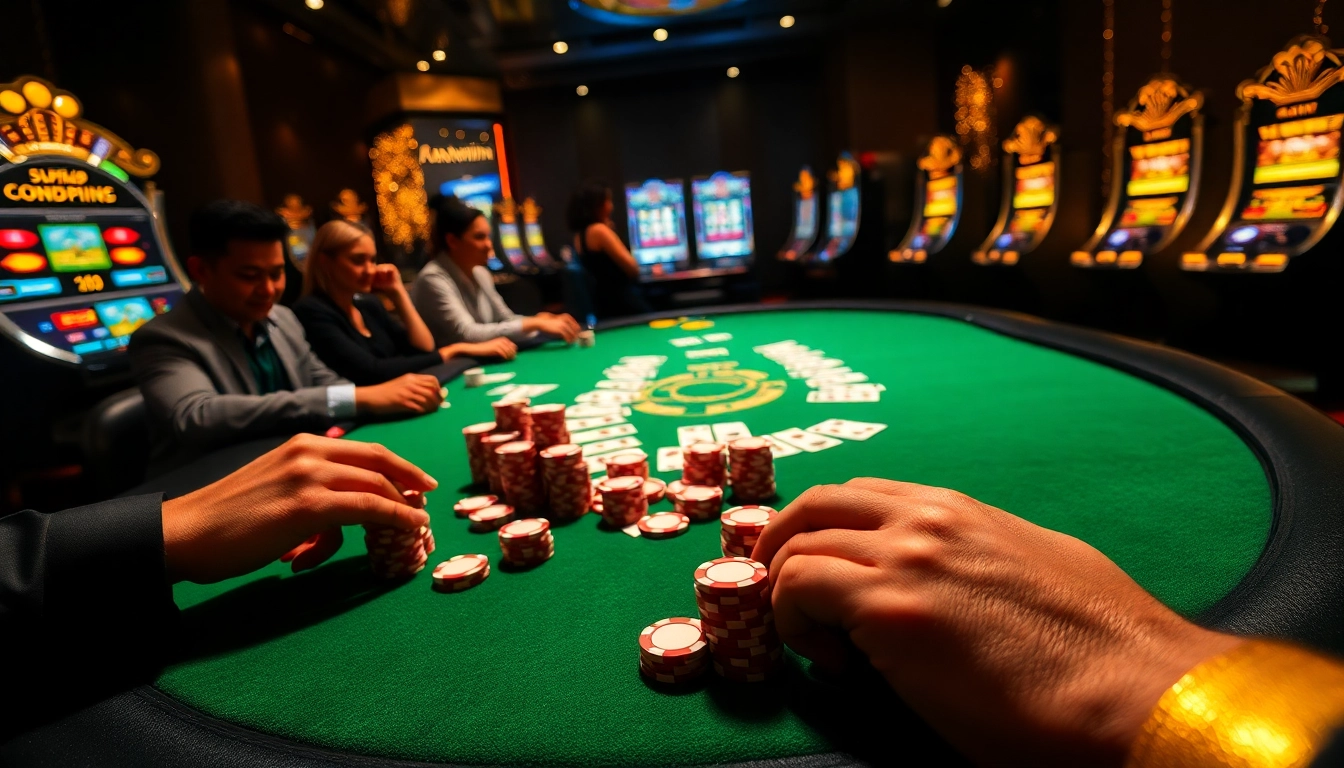 Players engaging at a thrilling Haywin poker table with vibrant chips and cards.