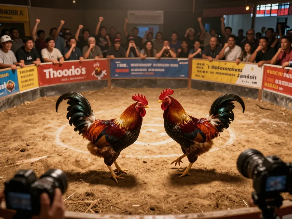 View of Đá gà trực tiếp action in Thomo arena, showcasing intense rooster fight.