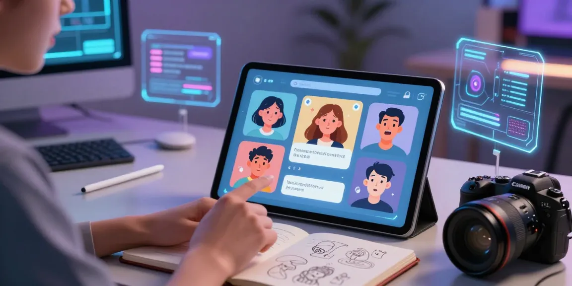 Create intimate ai sex chat interactions with an interactive tablet in a modern tech environment showcasing vibrant AI characters.