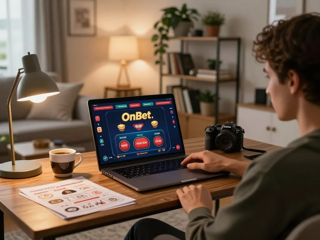 Engaged player using OnBet platform on laptop in cozy home setting with strategy notes.