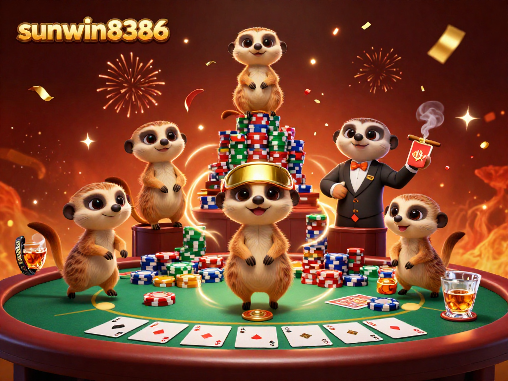 Experience the thrill of sunwin8386 as meerkats manage a vibrant casino, showcasing poker action and lively atmosphere.