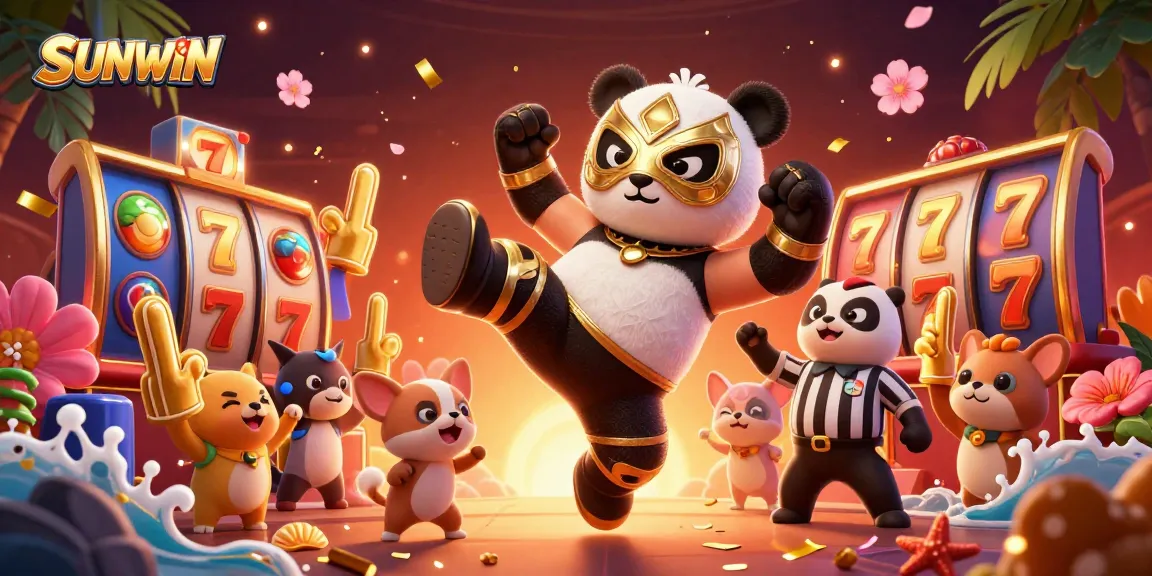 SUNWIN's dynamic gambling scene showcasing a wrestling panda and vibrant casino elements.
