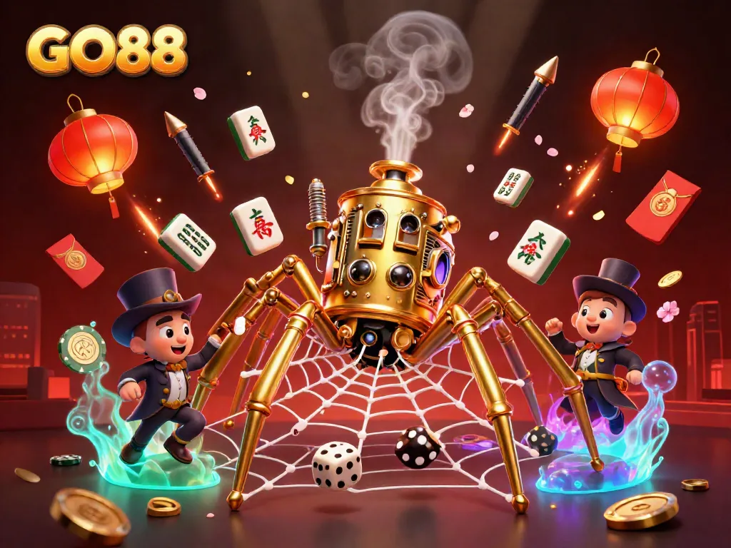 Engage with GO88's exciting steampunk-themed gaming world, featuring a playful spider and charming gentleman.