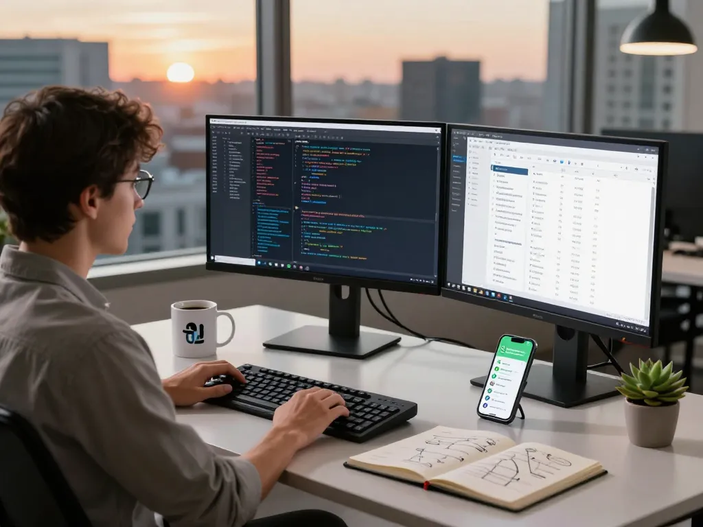 MoltBot in action at a modern tech workspace, showcasing a developer managing tasks across multiple screens.