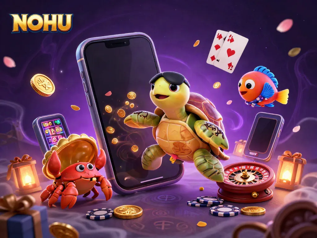 Engaging scene of a turtle, hermit crab, and parrotfish celebrating NOHU gaming with vivid casino elements.