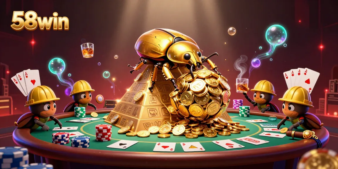 Experience excitement at 58win as a golden beetle rolls coins amidst vibrant poker action.