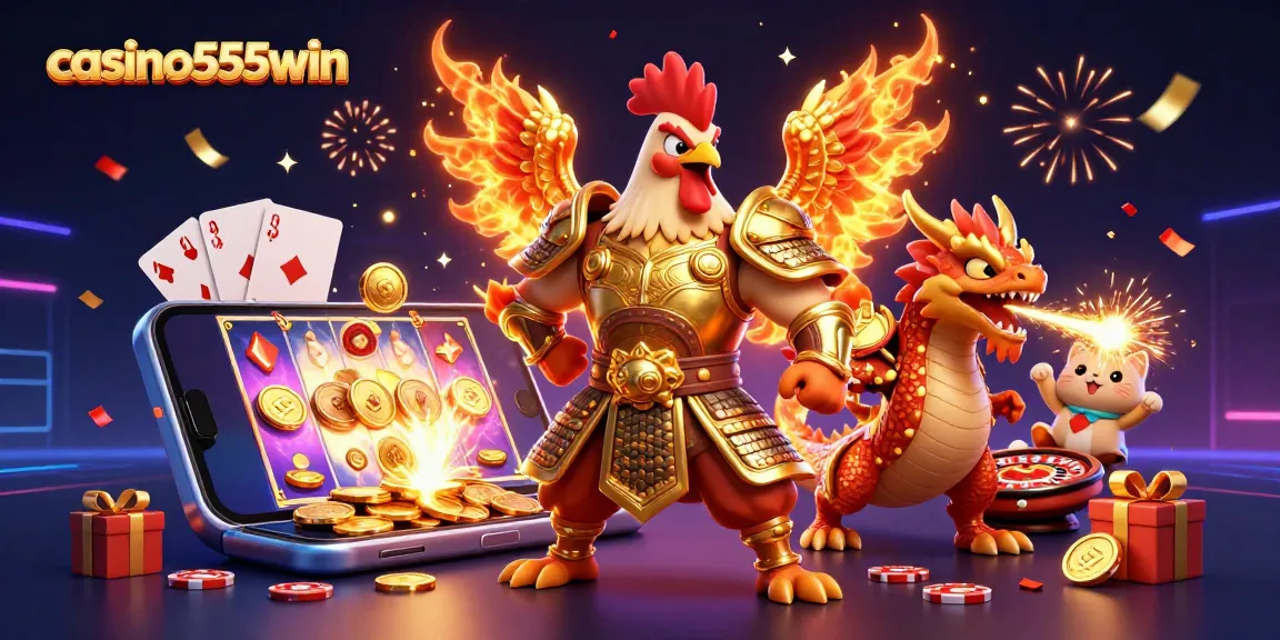 Experience thrilling gameplay at casino555win with a vibrant 3D illustration of exciting gaming elements and characters.