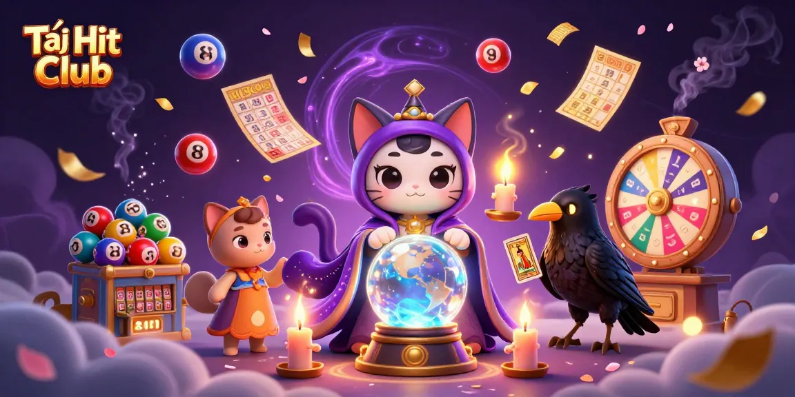 Tải Hit Club brings excitement with a mystic cat and raven amidst colorful lottery elements.