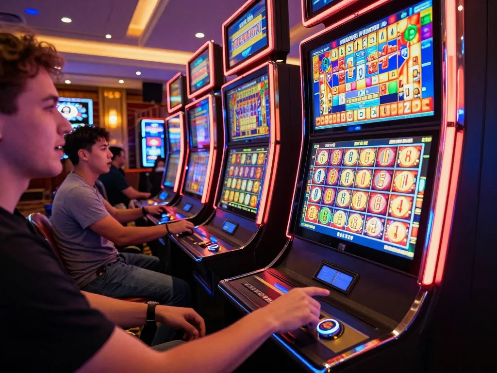 Players enjoying SC88 slot machines with bright displays and engaging gameplay in a lively casino atmosphere.