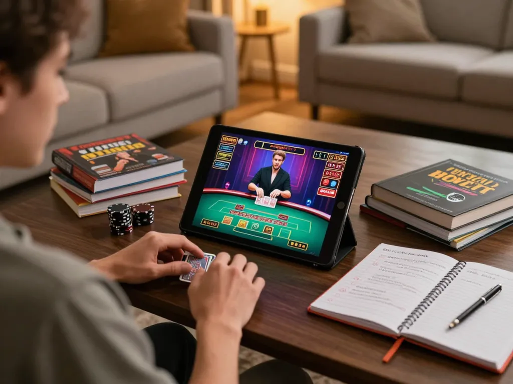 Engaging in online gaming at https://rr88k1.com/ with a live dealer on a tablet, showcasing a cozy home atmosphere.