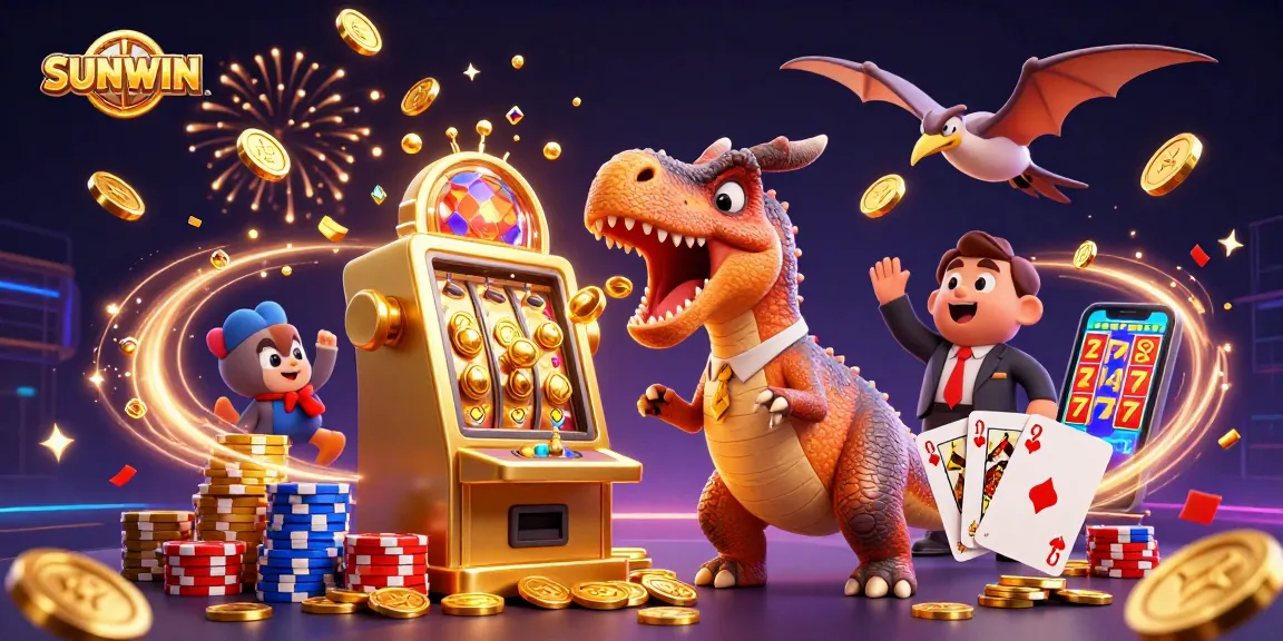 SUNWIN showcases a pachycephalosaurus winning slots, coins flying, and vibrant casino chaos.