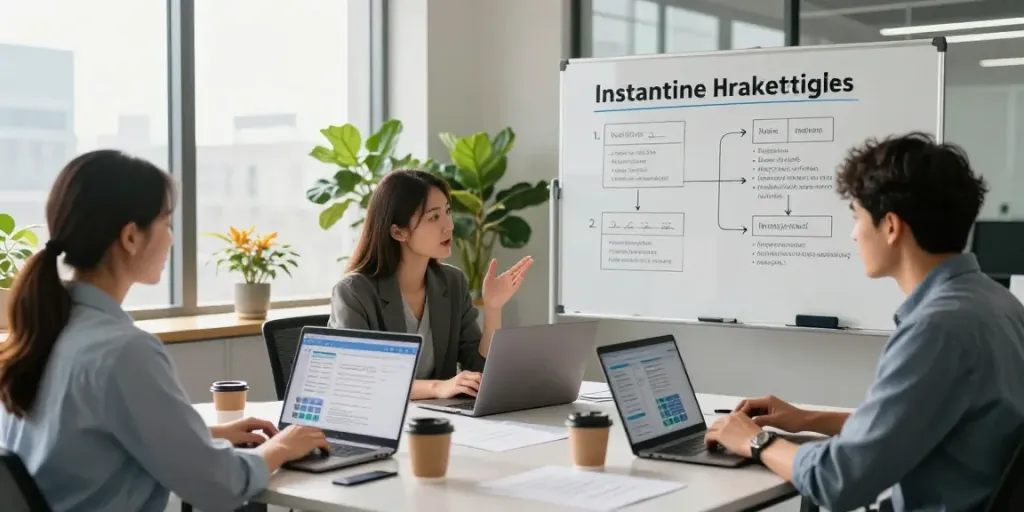 Team discussing instant indexing strategies in a modern office.