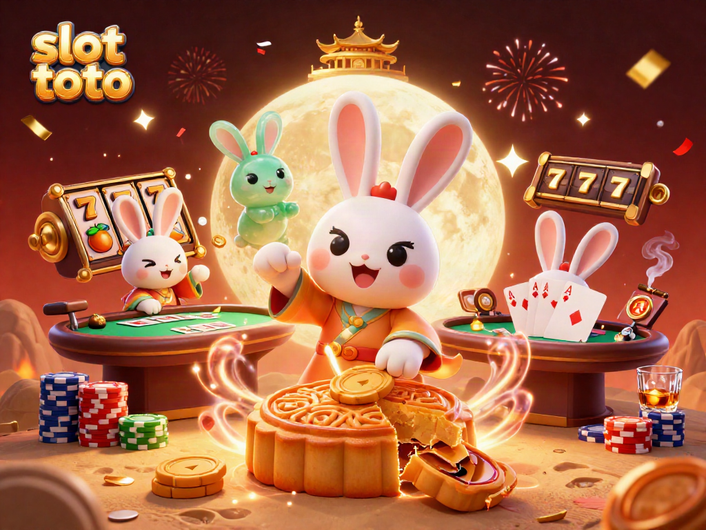 Experience the excitement of slot toto with dynamic 3D illustration of a moon rabbit and poker elements.