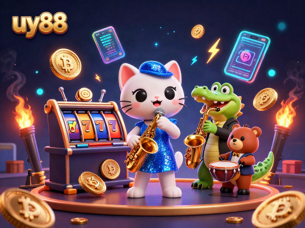 Engage in thrilling gaming action at uy88 with vibrant 3D casino characters and crypto elements.