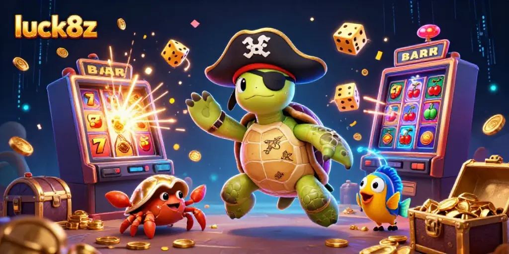 Experience the excitement of luck8z with a colorful pirate turtle scene showcasing dynamic casino elements like jackpot slots and glowing treasures.