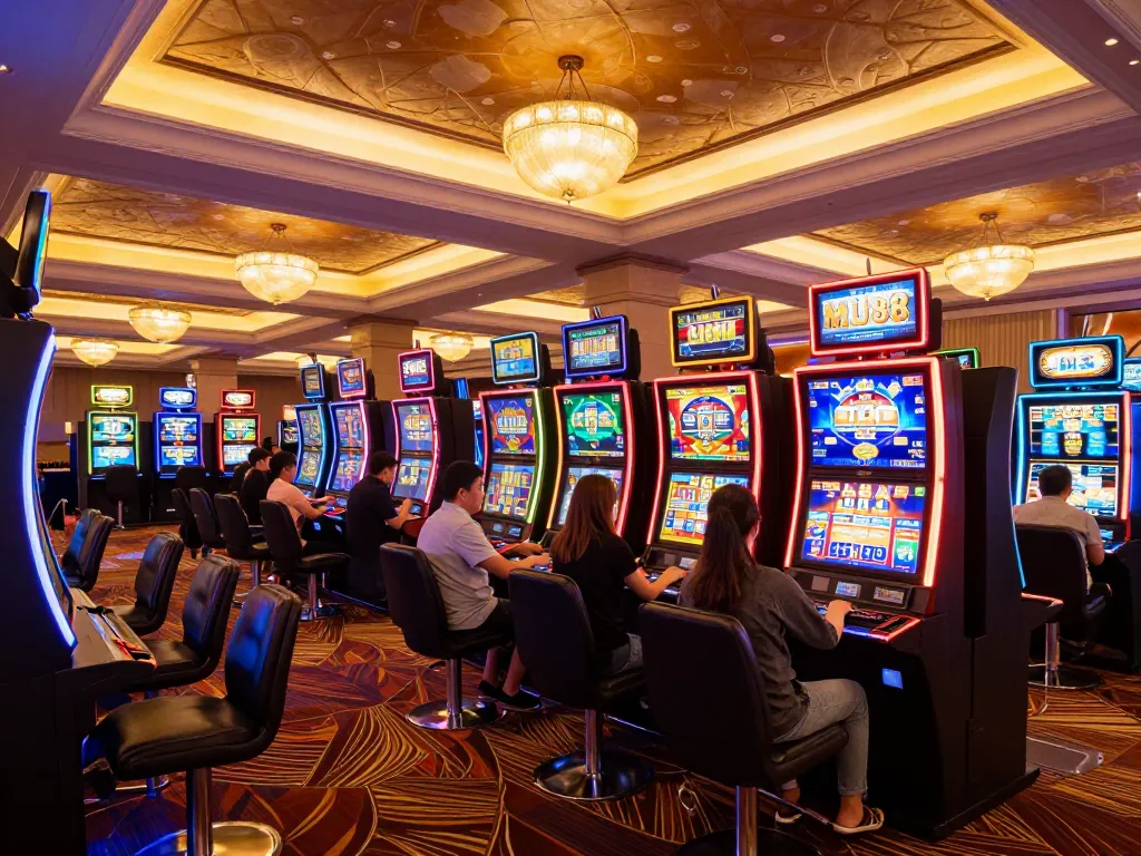 Players enjoying vibrant slot machines at MU88, showcasing the excitement of online gambling.