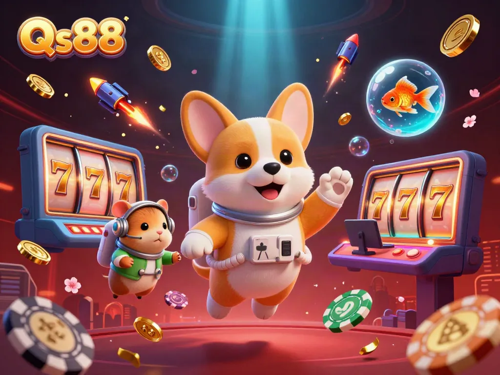 Experience the vibrant world of Qs88 with an astronaut corgi and casino elements in zero gravity.