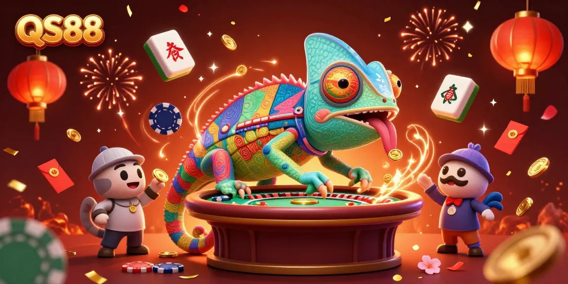 Win big at QS88 with an engaging chameleon casino owner among colorful gaming elements.