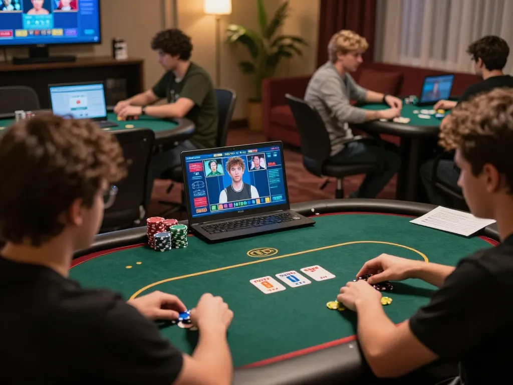 Players enjoying online poker at 33win, analyzing hands and tactics in a vibrant digital atmosphere.