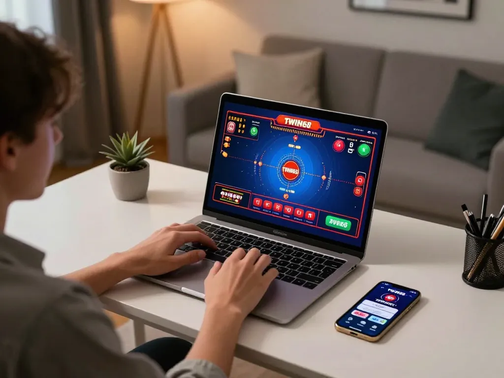 TWIN68 player enjoying online casino games at home with laptop and smartphone.
