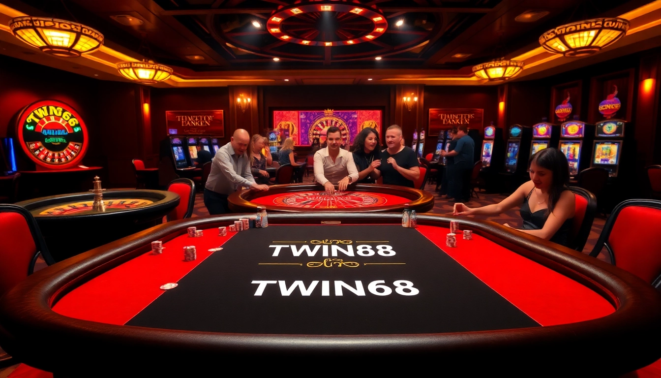 Players enjoying TWIN68 branded games at a vibrant casino table, showcasing excitement and luxury.
