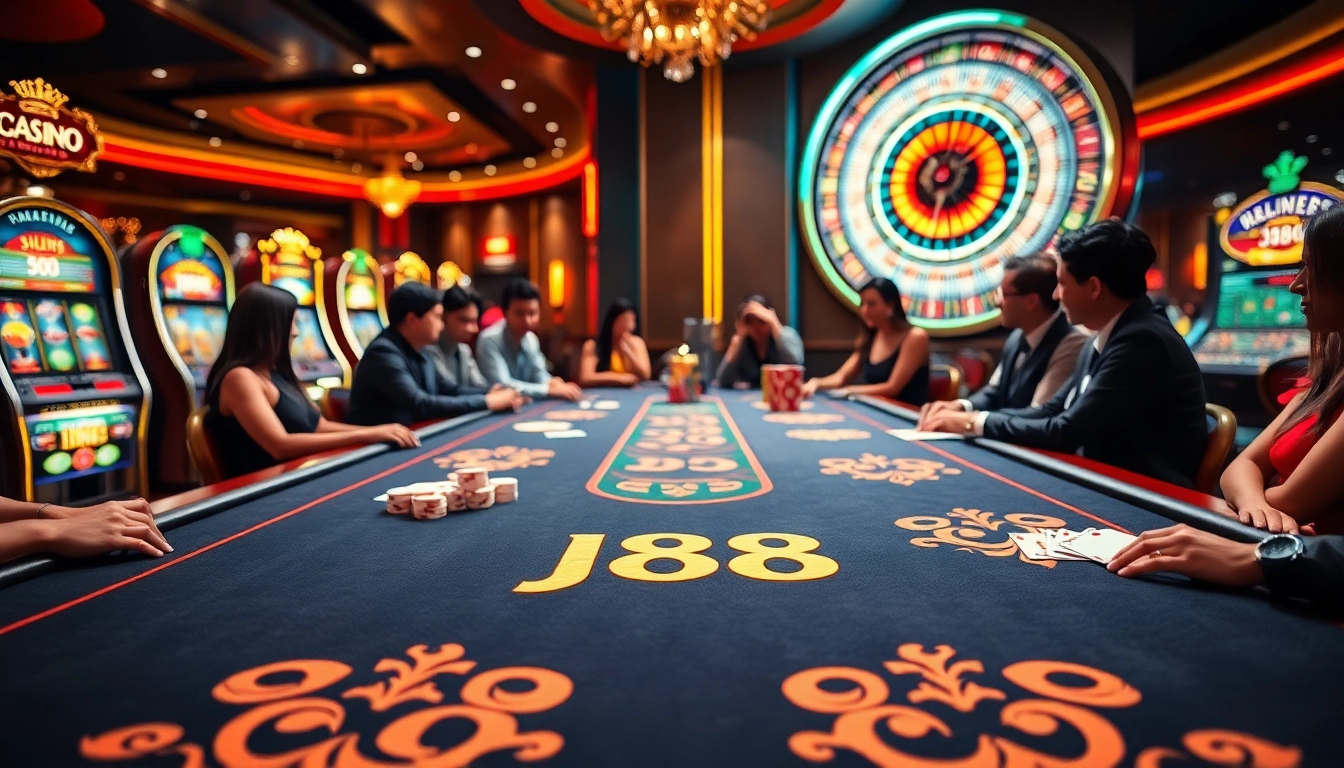 Players enjoying a high-stakes game at a luxurious j88-themed casino table, surrounded by excitement.