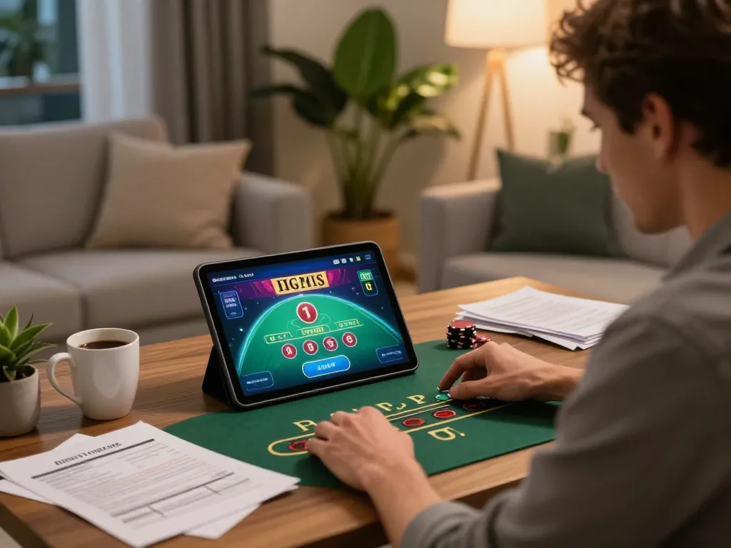 Player engaging in strategic blackjack gameplay on go8 while relaxing in a modern home setting.