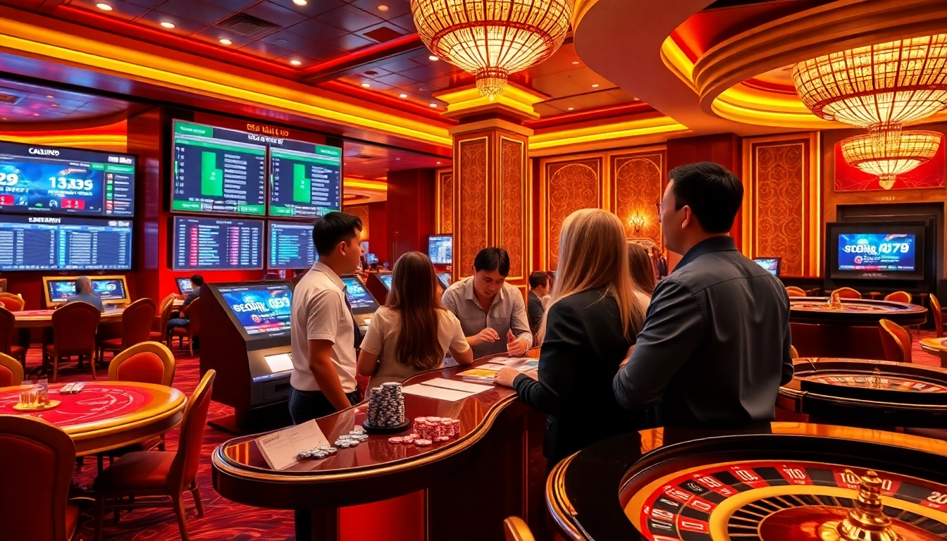 Excited gamblers engaging in Thể thao 69VN sports betting, analyzing odds in a luxurious casino.