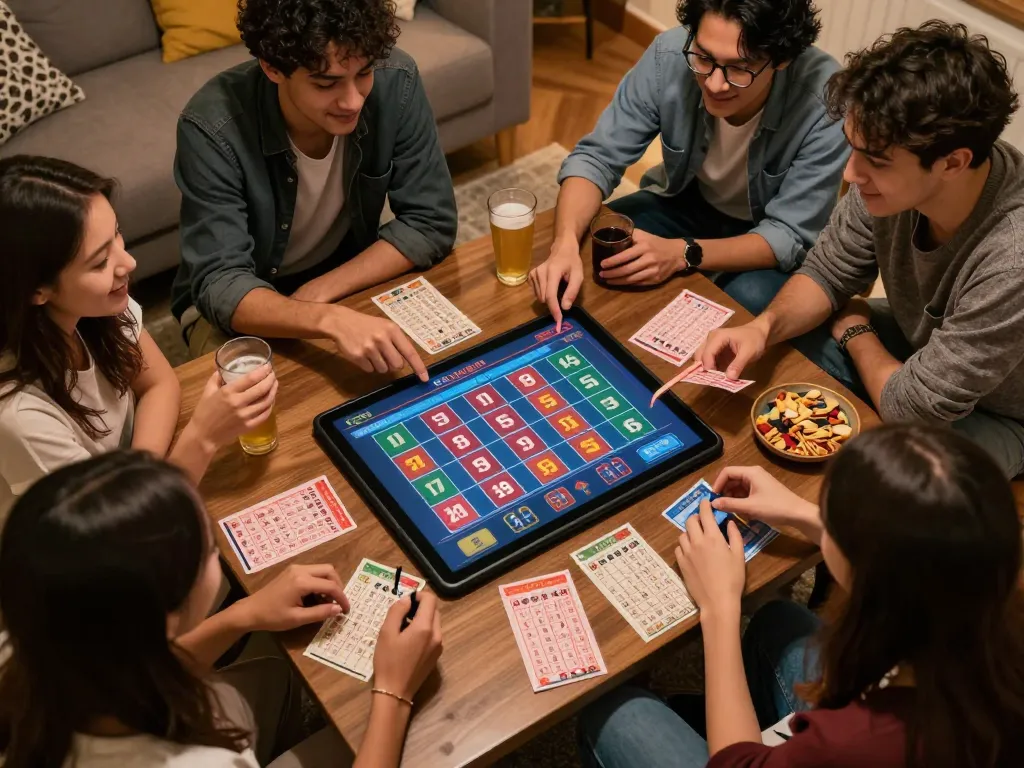 Engaging friends playing 9 Lotto 4D lottery on a tablet at home during an exciting game night