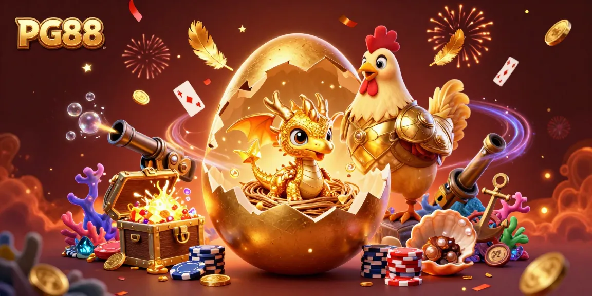 Experience PG88's thrilling online casino adventure with golden dragon, poker chips, and festive elements.