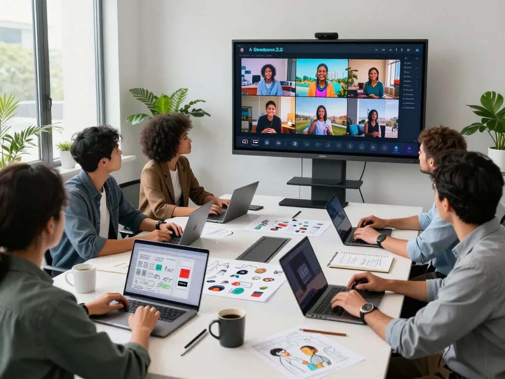 Seedance 2.0 showcased in a modern office, creators collaborating on AI-generated video production.