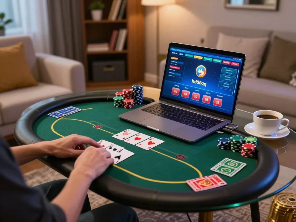 Engaging online gambling moment at hd88qq, showing a player immersed in a poker game on their laptop.