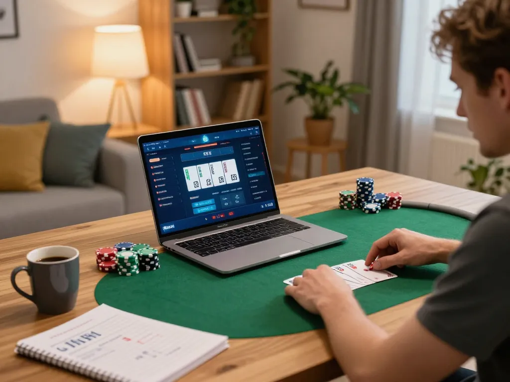 A player enjoying online poker at https://www.mnm88.com/ in a cozy home gaming setup with strategy notes and warm lighting.