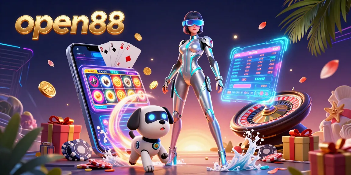 Engage with open88's vibrant 3D scene featuring a futuristic character and holographic casino elements.